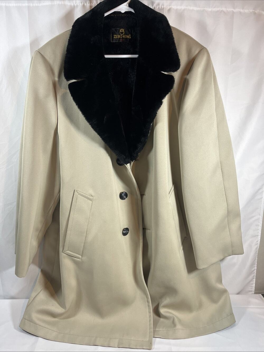 Vintage Zero King Men's Faux Fur Lined Overcoat Sz 46 Tan Coat Black Fur Lined